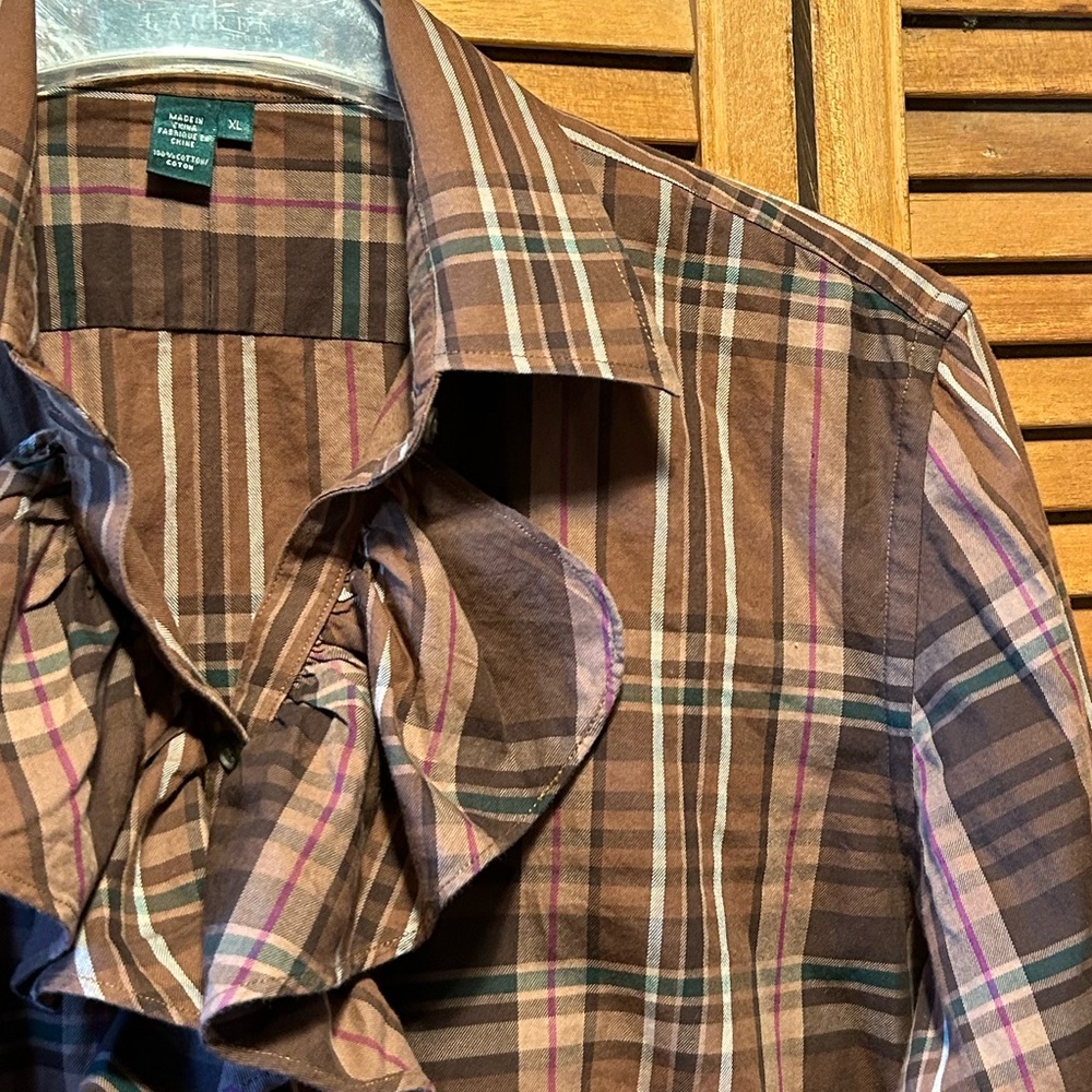 Lauren Ralph Lauren Brown, Tan, Green, Red and White Plaid Ruffled Shirt - Picture 6 of 16